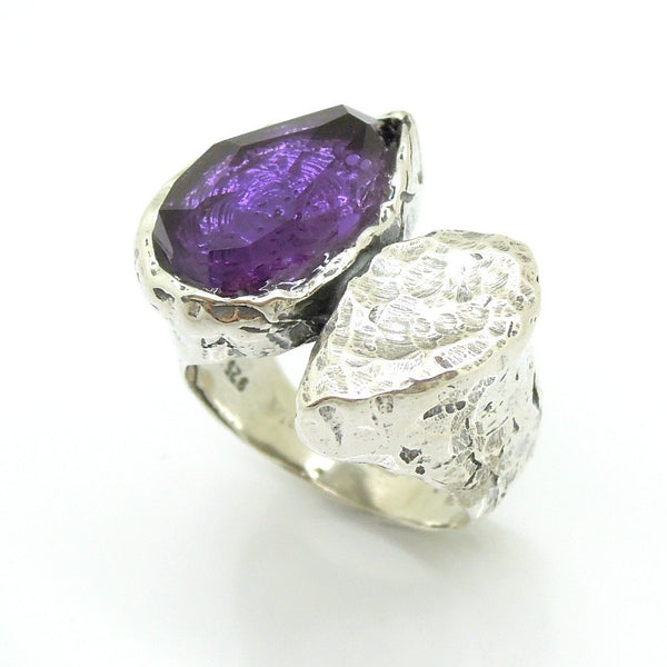 Ring - Silver Ring With Purple CZ Drop Shape Gemstone Ring