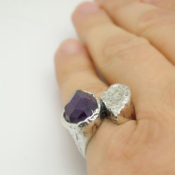 Ring - Silver Ring With Purple CZ Drop Shape Gemstone Ring