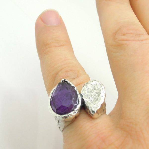 Ring - Silver Ring With Purple CZ Drop Shape Gemstone Ring