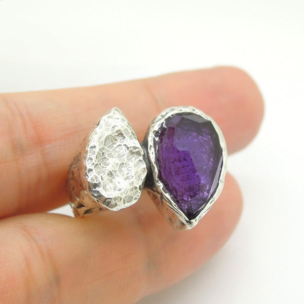 Ring - Silver Ring With Purple CZ Drop Shape Gemstone Ring