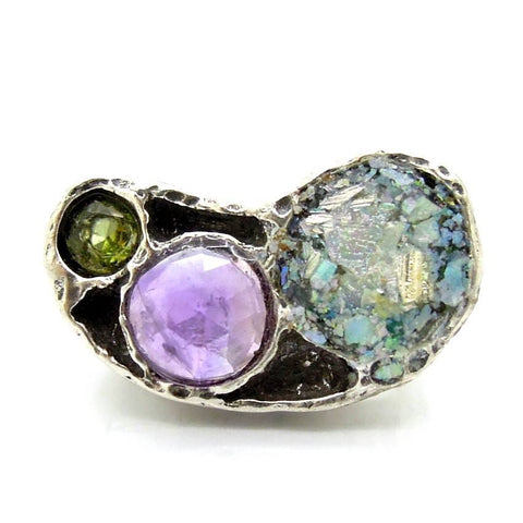 Ring - Silver Ring With Roman Glass, Amethyst And A Peridot