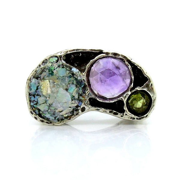 Ring - Silver Ring With Roman Glass, Amethyst And A Peridot