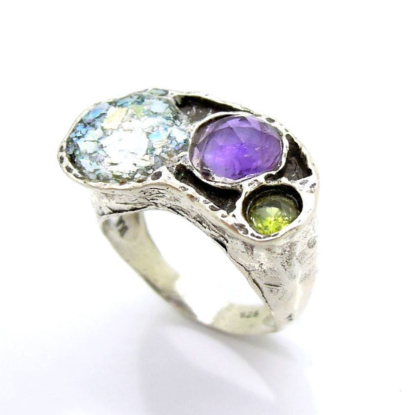 Ring - Silver Ring With Roman Glass, Amethyst And A Peridot