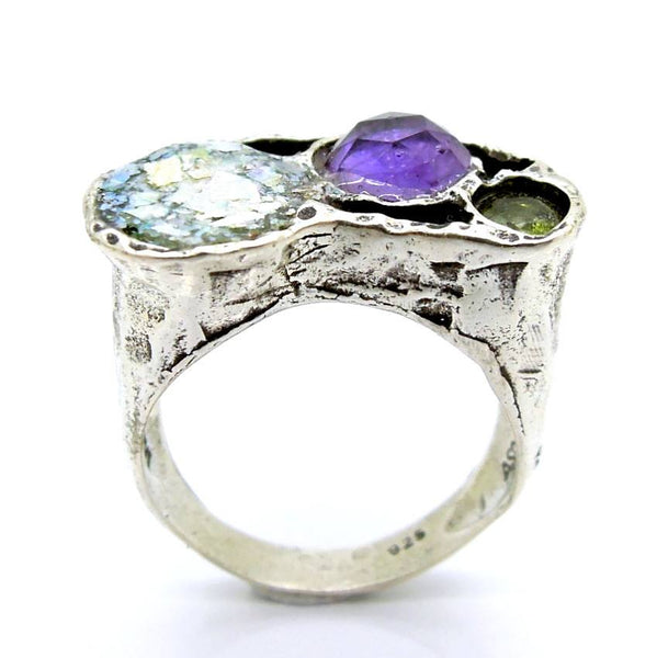 Ring - Silver Ring With Roman Glass, Amethyst And A Peridot
