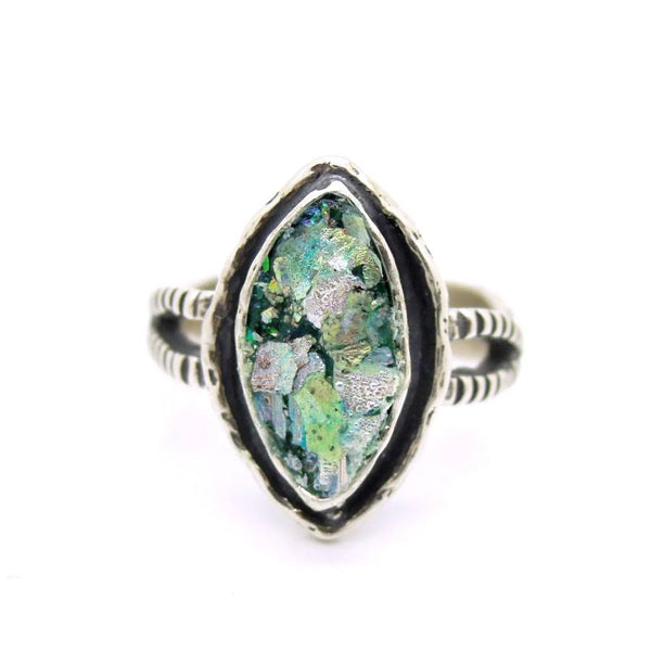 Ring - Silver & Roman Glass Ring Oval Shaped