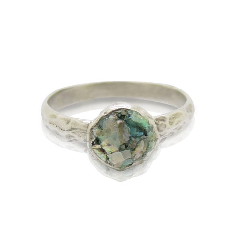 Ring - Stacking Ring, Hammered Sterling Silver, Roman Glass Set On Top
