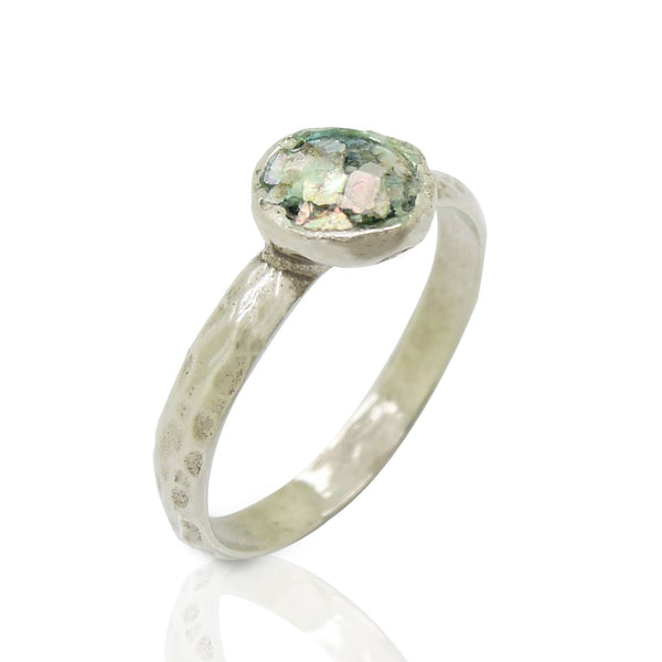 Ring - Stacking Ring, Hammered Sterling Silver, Roman Glass Set On Top