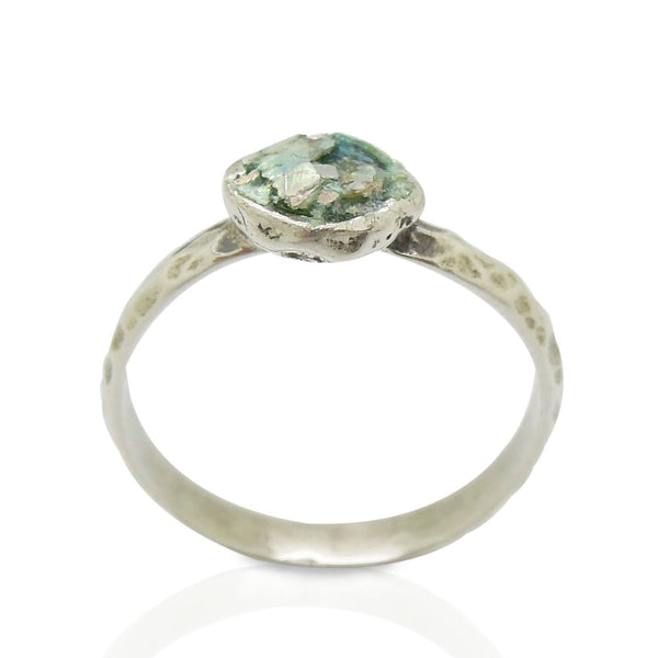 Ring - Stacking Ring, Hammered Sterling Silver, Roman Glass Set On Top