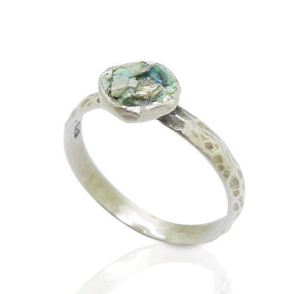 Ring - Stacking Ring, Hammered Sterling Silver, Roman Glass Set On Top