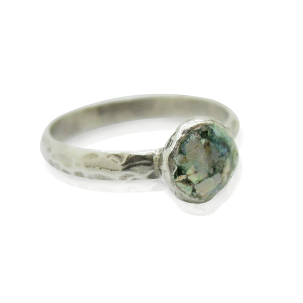 Ring - Stacking Ring, Hammered Sterling Silver, Roman Glass Set On Top