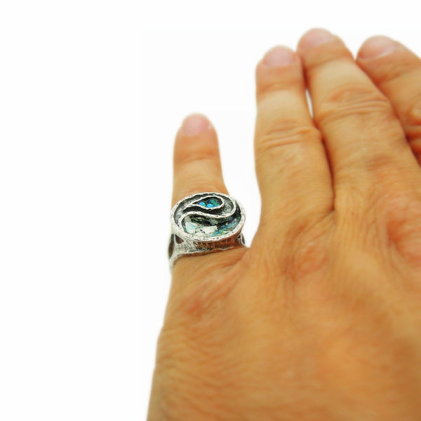 Ring - Yin Yang Ring With Mosaic Opal & Roman Glass