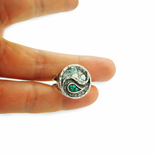 Ring - Yin Yang Ring With Mosaic Opal & Roman Glass