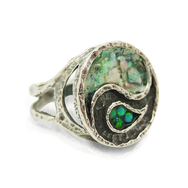 Ring - Yin Yang Ring With Mosaic Opal & Roman Glass