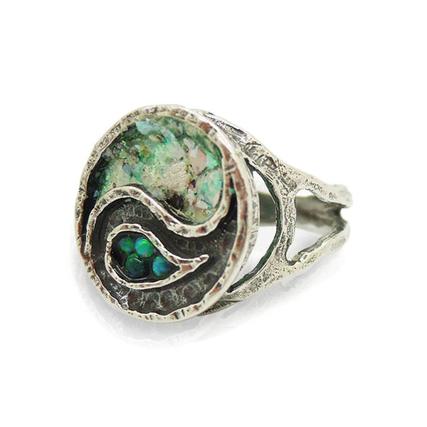 Ring - Yin Yang Ring With Mosaic Opal & Roman Glass