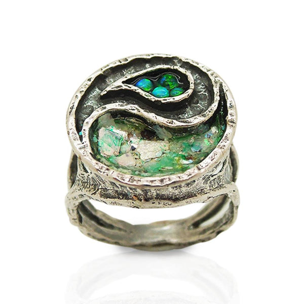 Ring - Yin Yang Ring With Mosaic Opal & Roman Glass