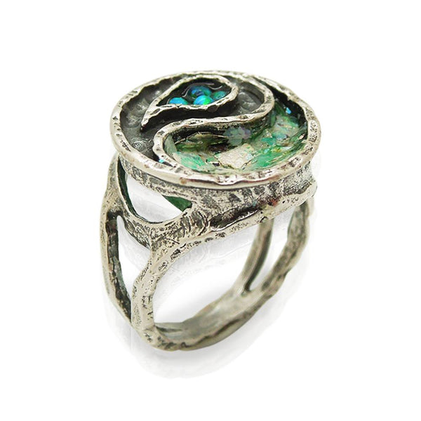 Ring - Yin Yang Ring With Mosaic Opal & Roman Glass