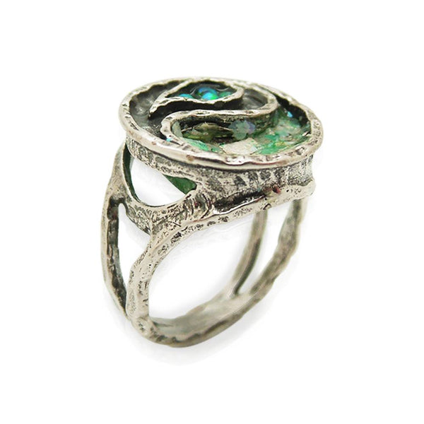 Ring - Yin Yang Ring With Mosaic Opal & Roman Glass