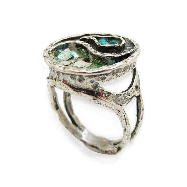 Ring - Yin Yang Ring With Mosaic Opal & Roman Glass