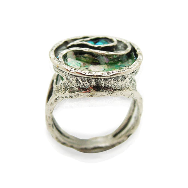 Ring - Yin Yang Ring With Mosaic Opal & Roman Glass