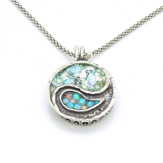 Ring - Yin Yang Ring With Mosaic Opal & Roman Glass