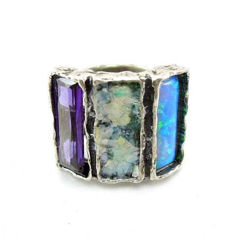 Rings - 3 Rectangle Gemstone And Roman Glass Ring