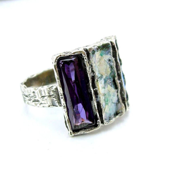 Rings - 3 Rectangle Gemstone And Roman Glass Ring