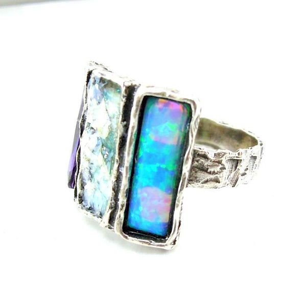 Rings - 3 Rectangle Gemstone And Roman Glass Ring