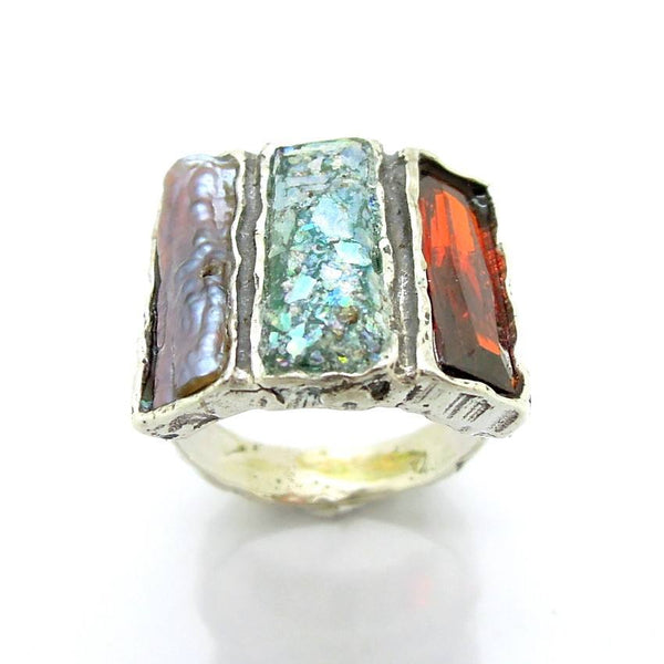 Rings - 3 Rectangle Gemstone And Roman Glass Ring