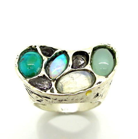 Rings - Chalcedony, Moonstone, Purple Zircon & Turquoise Gemstone Ring