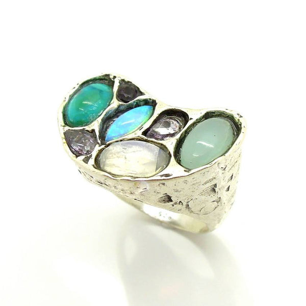 Rings - Chalcedony, Moonstone, Purple Zircon & Turquoise Gemstone Ring