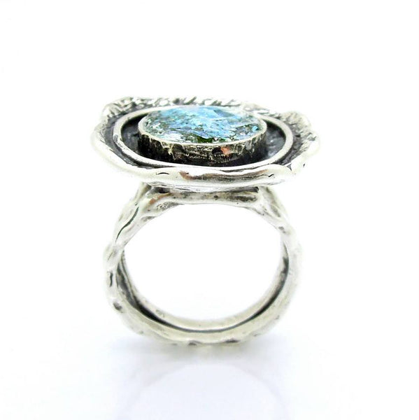 Rings - Curvy Large Silver Roman Glass Ring Wide & Hammered