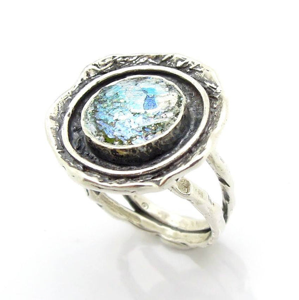 Rings - Curvy Large Silver Roman Glass Ring Wide & Hammered