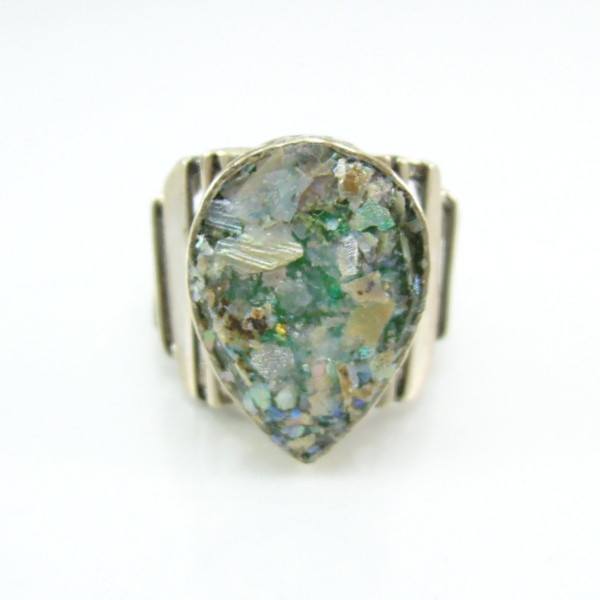 Rings - Drop Shape Large Silver & Roman Glass Ring