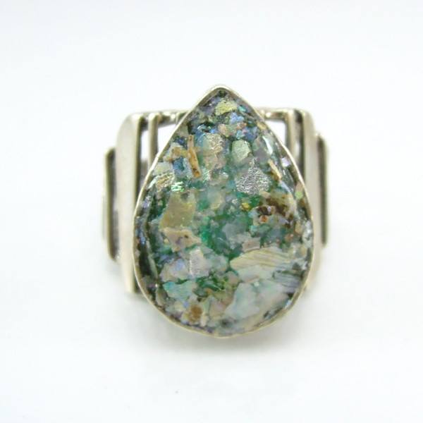 Rings - Drop Shape Large Silver & Roman Glass Ring