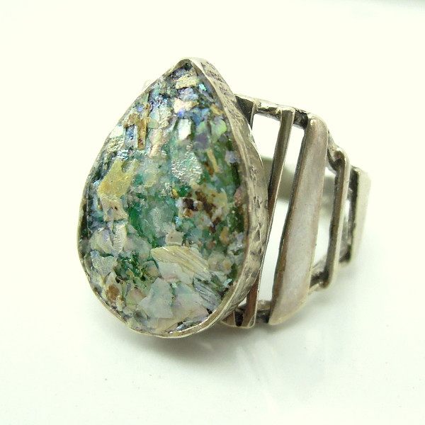 Rings - Drop Shape Large Silver & Roman Glass Ring