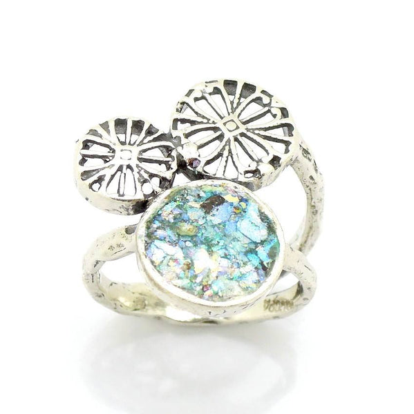 Rings - Filigree Large Silver And Roman Glass Circle Ring