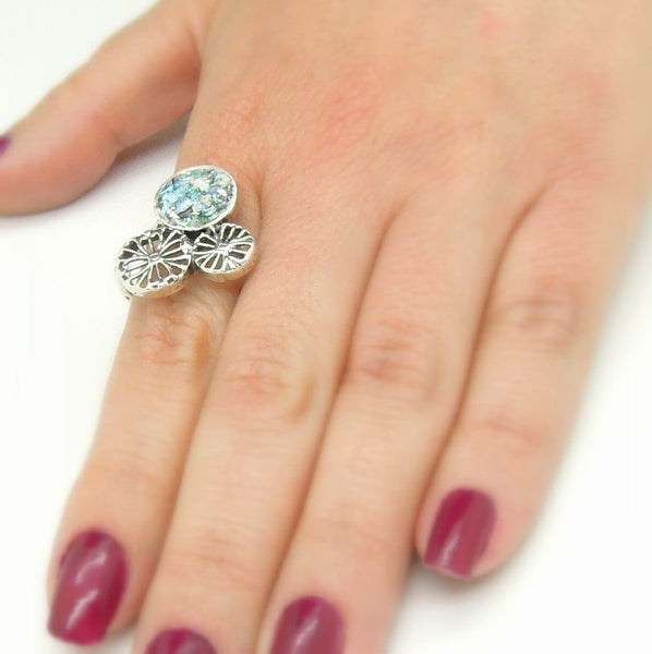 Rings - Filigree Large Silver And Roman Glass Circle Ring