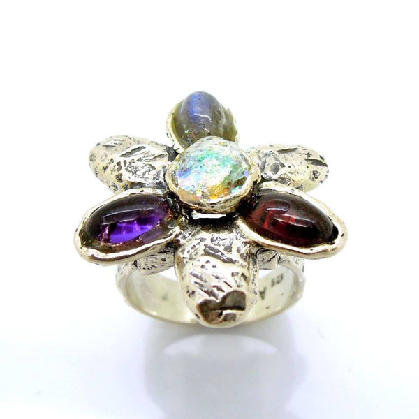 Rings - Gemstone And Glass Large Silver Ring Flower Shaped