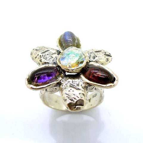 Rings - Gemstone And Glass Large Silver Ring Flower Shaped