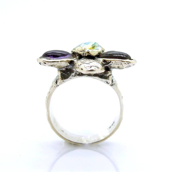 Rings - Gemstone And Glass Large Silver Ring Flower Shaped