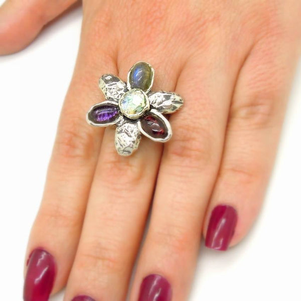 Rings - Gemstone And Glass Large Silver Ring Flower Shaped