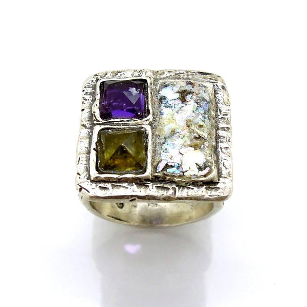 Rings - Green Garnet, Purple Zircon Large Roman Glass Ring