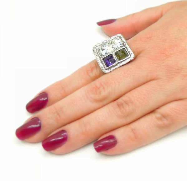 Rings - Green Garnet, Purple Zircon Large Roman Glass Ring