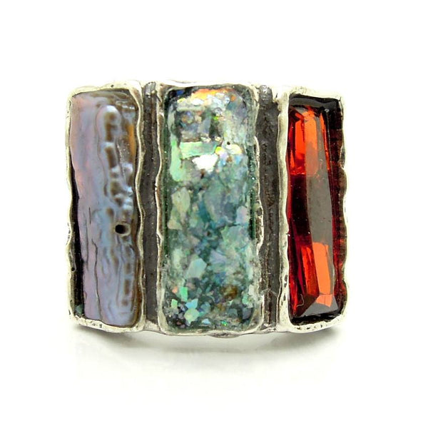 Rings - Grey Pearl & Red Zircon Curved Roman Glass Ring