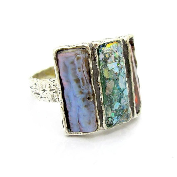 Rings - Grey Pearl & Red Zircon Curved Roman Glass Ring