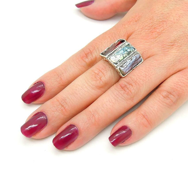 Rings - Grey Pearl & Red Zircon Curved Roman Glass Ring