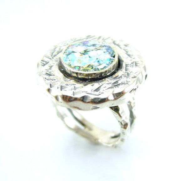 Rings - Heavy Silver And Roman Glass Hammered Large Ring