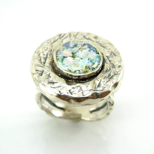 Rings - Heavy Silver And Roman Glass Hammered Large Ring