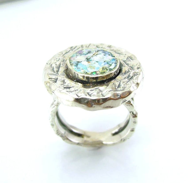 Rings - Heavy Silver And Roman Glass Hammered Large Ring