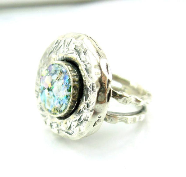 Rings - Heavy Silver And Roman Glass Hammered Large Ring